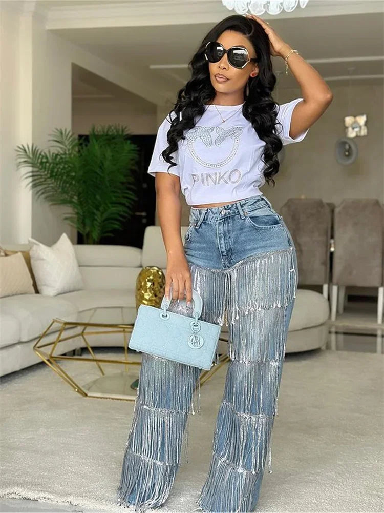 Nazareth High Waist Sequined Tassel Cargo Ripped Streetwear Jeans