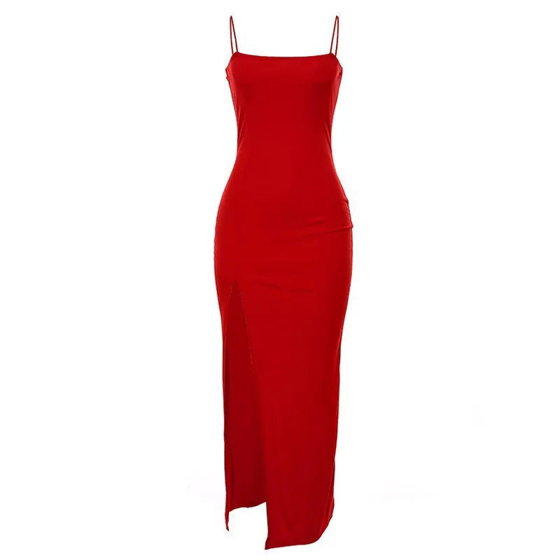 Sexy Bodycon Dress Lady Sexy Spaghetti Strap Sleeve Split Solid Color Sheath Dress