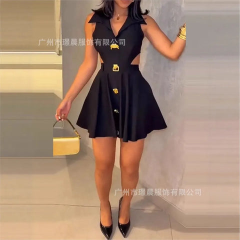 Clark Fashionable Sleeveless Hollowed Out Lapel Mini Dress