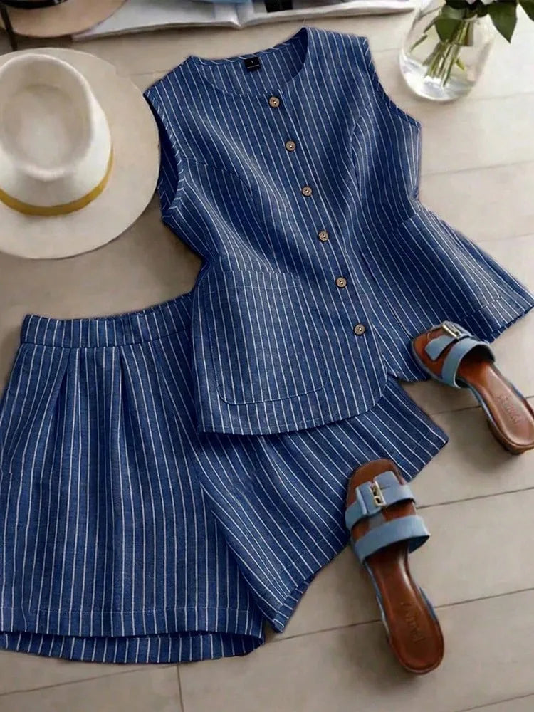 Yudy Summer New Striped Sleeveless Two Piece Sets