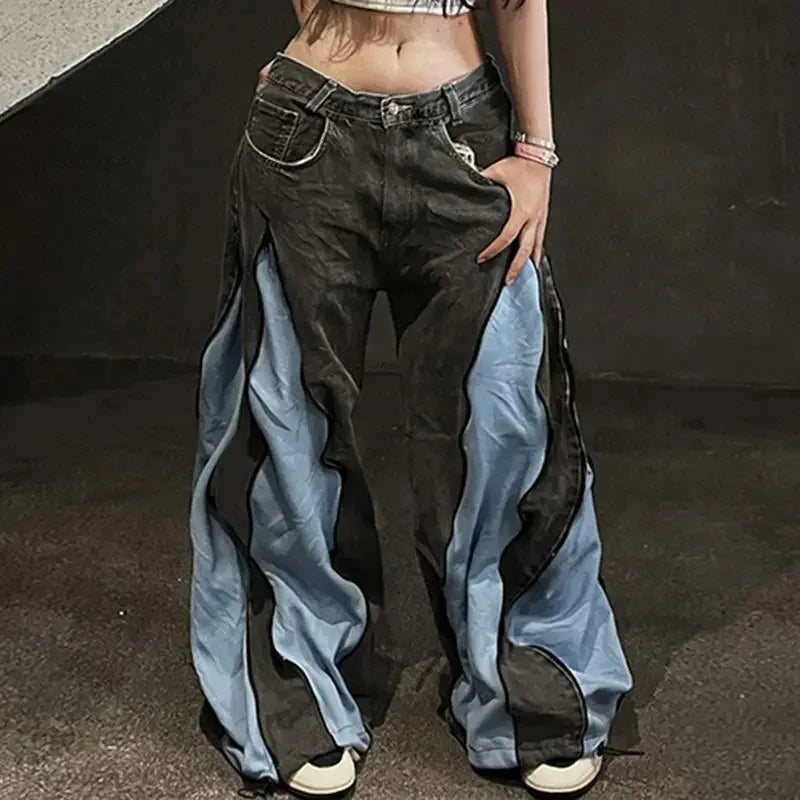 Wildwood Street Color Stitching Washed Baggy Slim Spice Girl Wide-leg Mop Jeans
