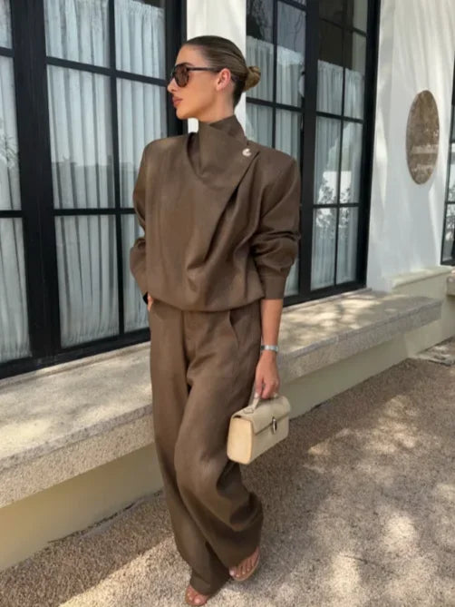 Ashley Minimalist Lapel Long Sleeve Two Piece Sets