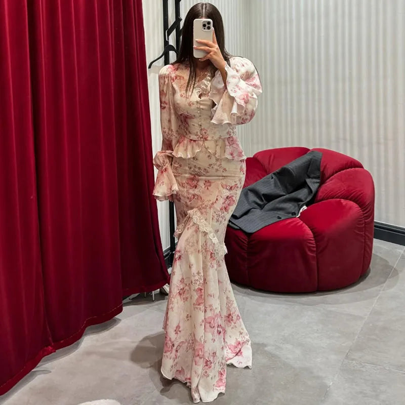 Alicia Floral Print V-Neck Flare Sleeve Mermaid Two Piece Sets
