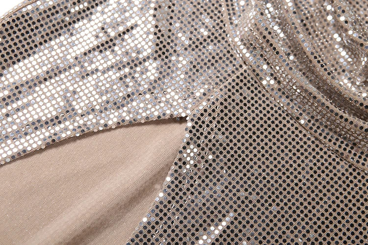 Irlanda Strapless Shiny Sequins Wrap Chest Backless Sleeveless Ruched High Splits Dress