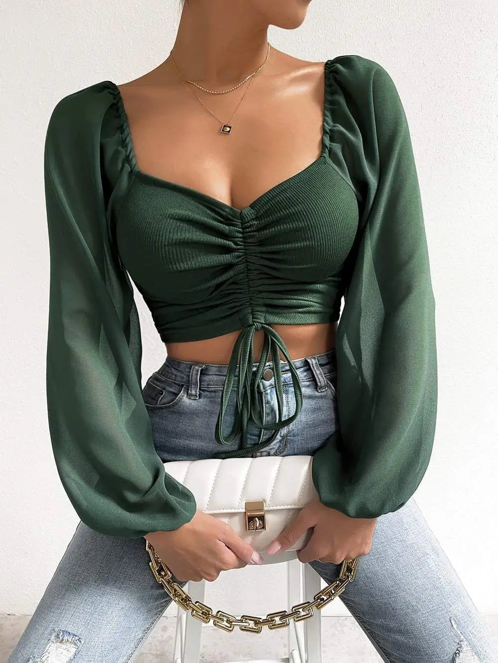 Koreatown Drawstring Front Sheer Sleeve Crop Plunge Neck Blouse