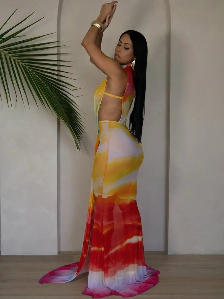 O Neck High Split Stacked Print Bodycon Long Maxi Dress