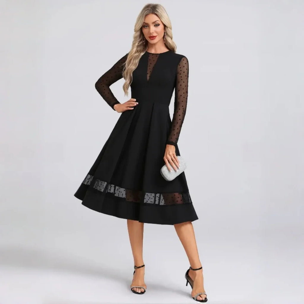 Benice Black Midi Cocktail Polka Dot Mesh Long Sleeve Illusion A‑Line Swing Dress