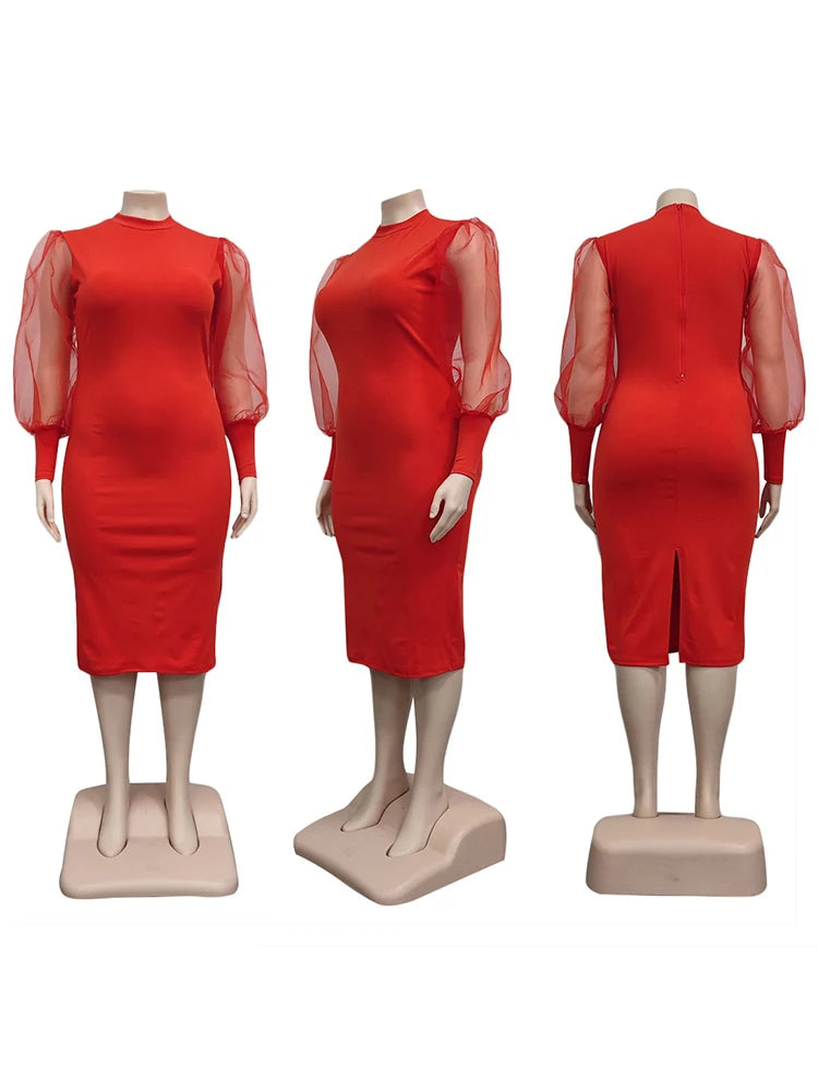 Newton Plus Size Solid Color Spring Mesh Lantern Long Sleeve Dress