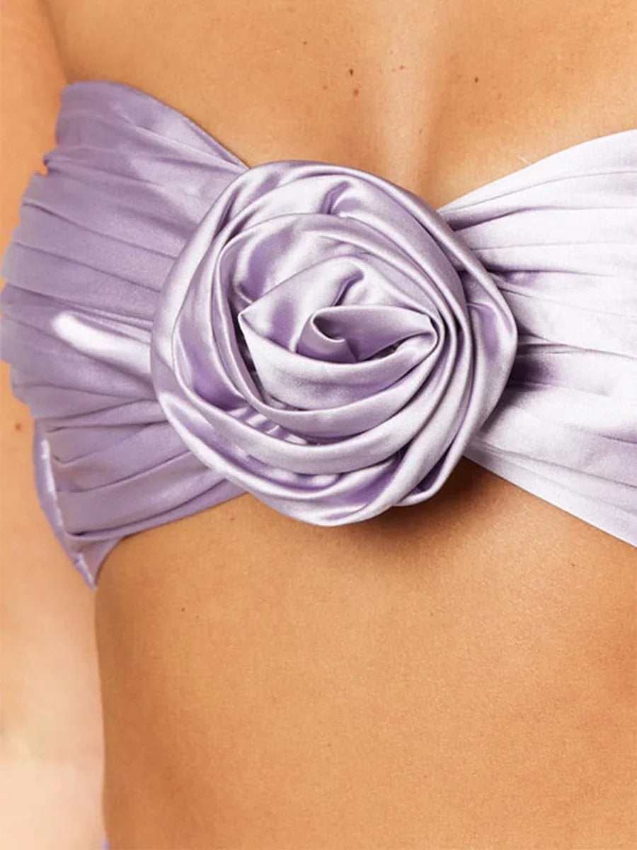Jamesport Outfits 3D Flowers Ruched Satin Bandeau Partywear Set