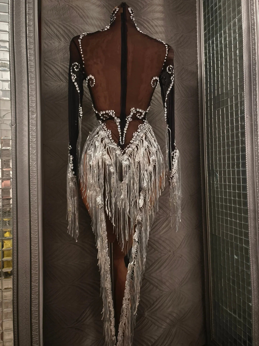 Carbondale Sparkly Rhinestone Tassel See Through Mesh Mini Dress
