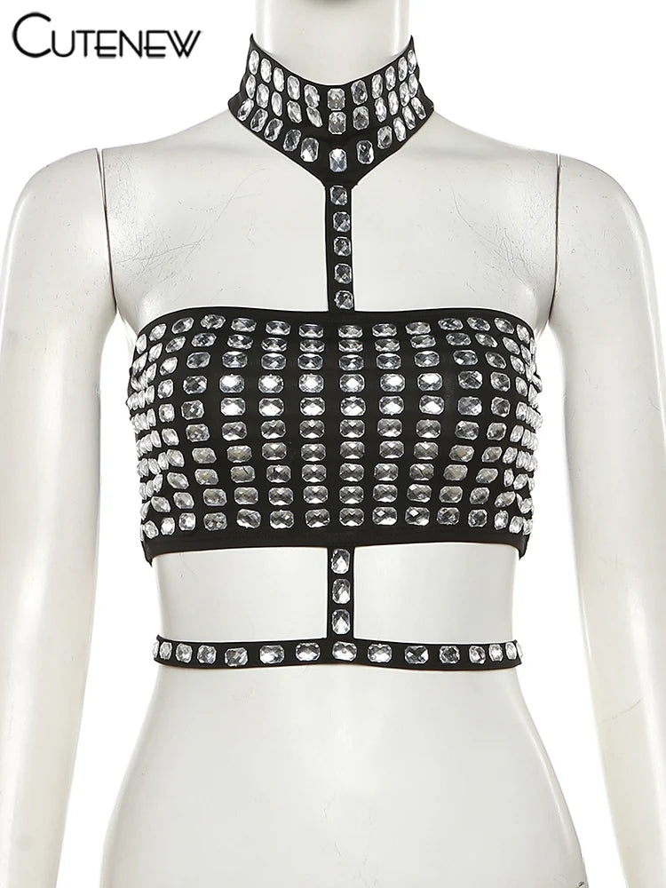 Gloversville Off-Shoulder Shiny Crop Casual Strapless Halter Streetwear Top