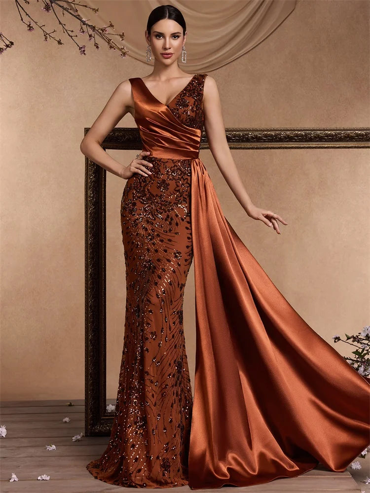 Puebla Elegant V Neck Splice Ribbons Sequins Sleeveless Mermaid Formal Dress