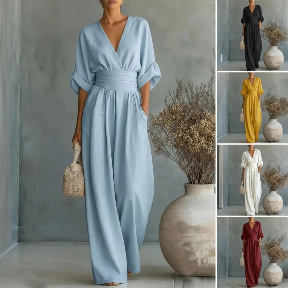 Women's Jumpsuit Fashion High Waist V-neck Casual Jumpsuits Sexy Solid Color Office Wide Leg Trousers Overalls Vacation Outfit