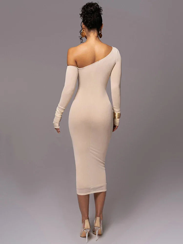 Dyker Heights Diagonal Collar Long Sleeve Mesh Backless Ruched Bodycon Midi Dress