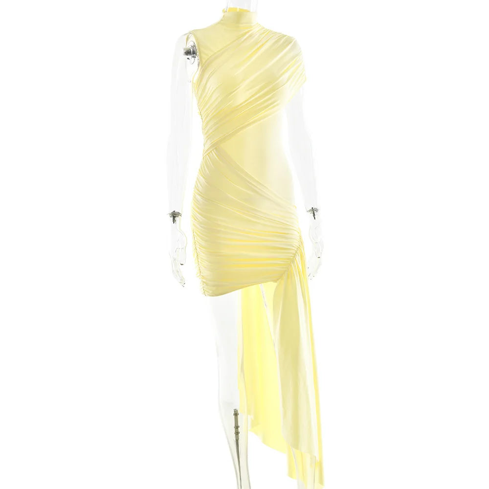 Aspen Knolls Ruched Sexy Solid Color Elegant Turtleneck Sleeveless Asymmetric Dress