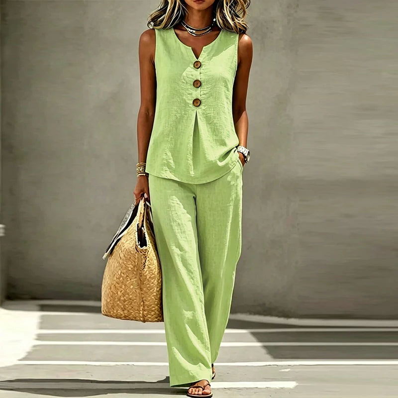 Merida Summer Sleeveless V Neck Button Two Piece Sets