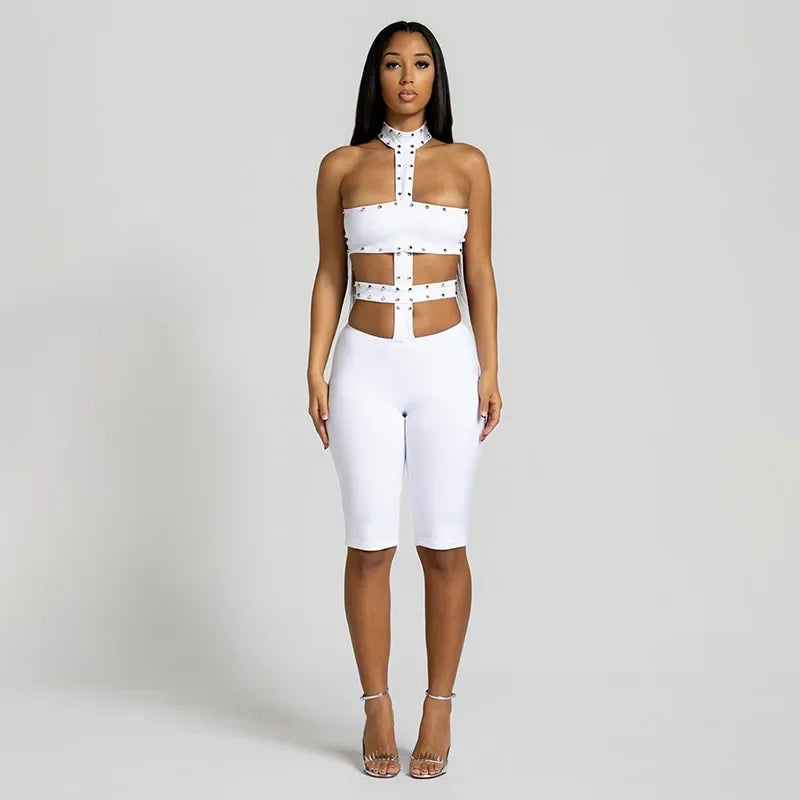Sunset Park Dots Print Lace Up Halter Backless Skinny Knee Length Jumpsuits