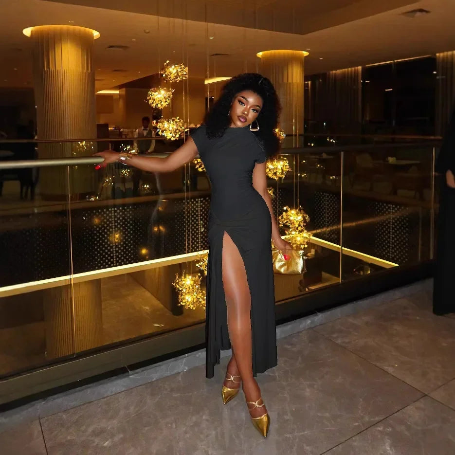 Milan Skew Collar Ruched Sexy Street Slim Evening Night Club Long Maxi Dress