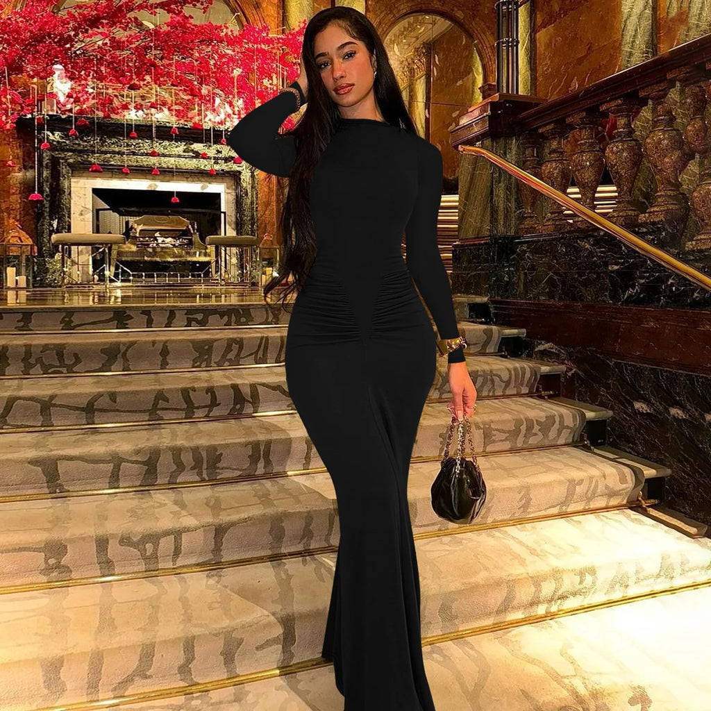 Shore Beach Solid Long Sleeve Draped Sexy Bodycon Maxi Party Dress