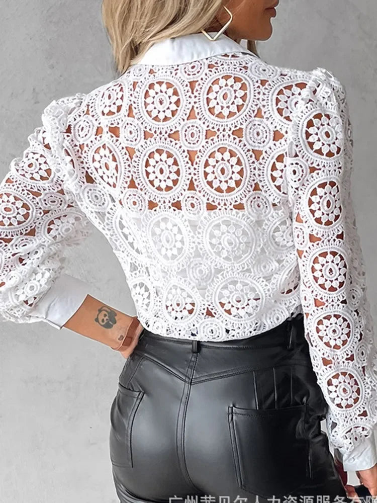 Lansdale Elegant Office White Shirt Long Sleeve Button Turn-down Collar Sexy Hollow Blouse