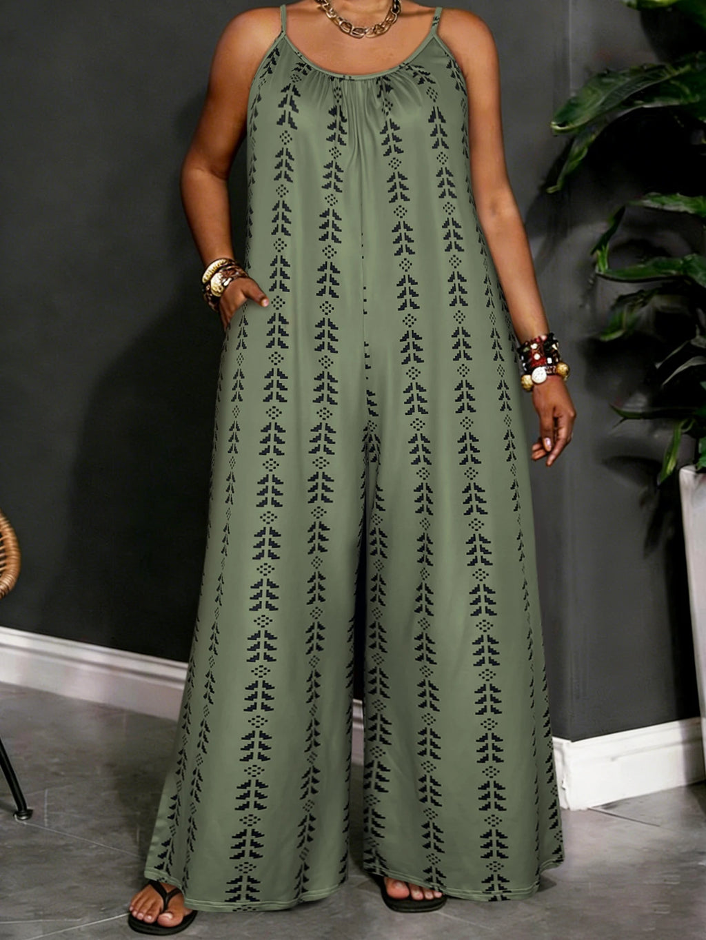 Plus Size Olive Green Geometric Print Spaghetti Jumpsuit, Summer Casual V Neck