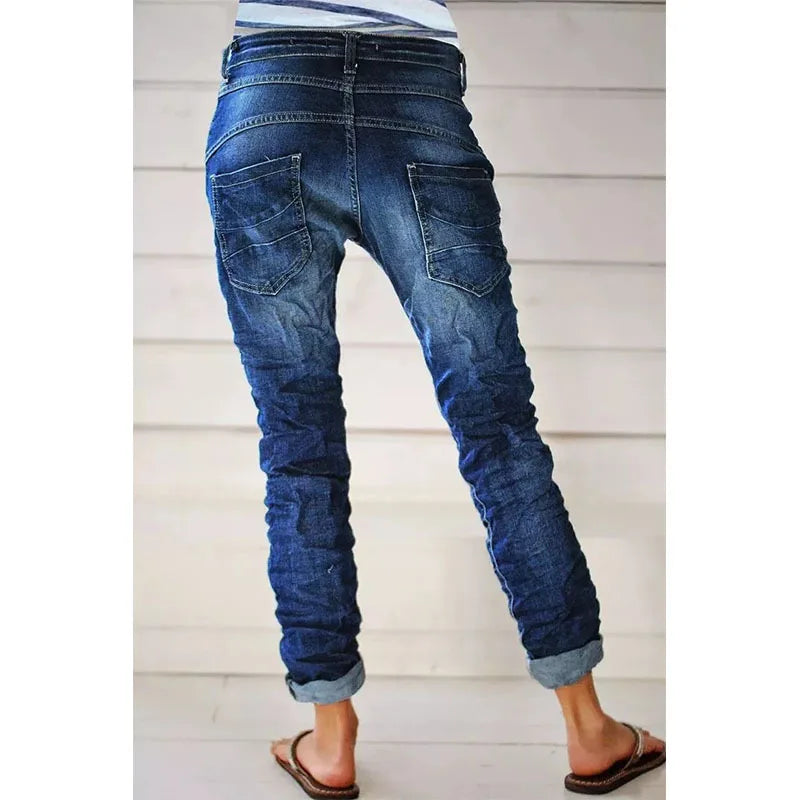 Jeans for Women Drawstring Elastic-waisted Jeans Casual Button Baggy Jeans