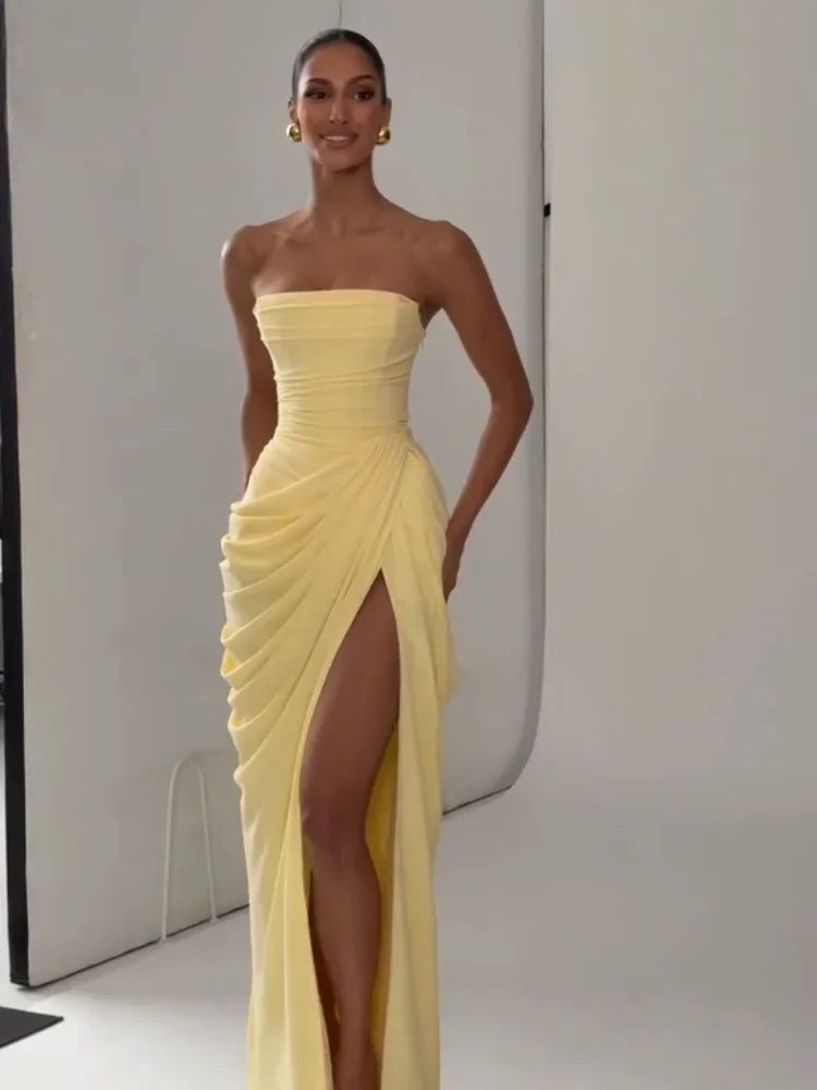 Tapansee Solid Sexy Pleated Strapless Off Shoulder Backless High Waist Split Maxi Dress