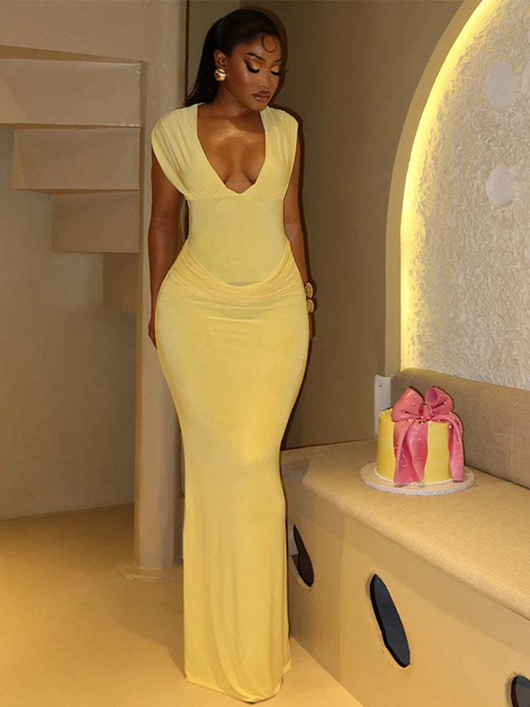 Elmora Sexy Ruched Bodycon Solid Sleeveless V-Neck Slim Long Maxi Dresses