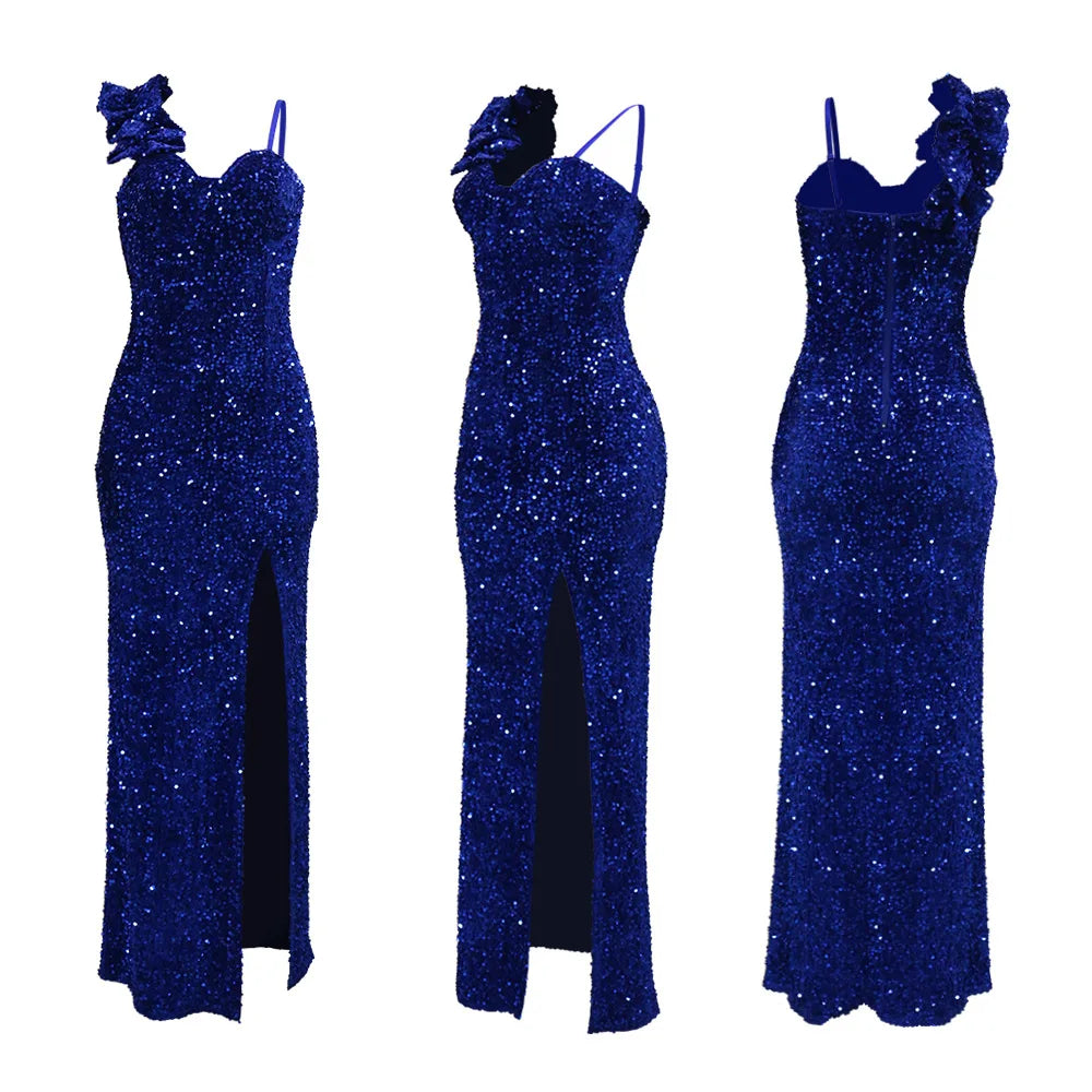 Bayone Sexy Sequins Solid Sexy Slim Fit Evening High Waist Elegant Lady Sleeveless Split Dress