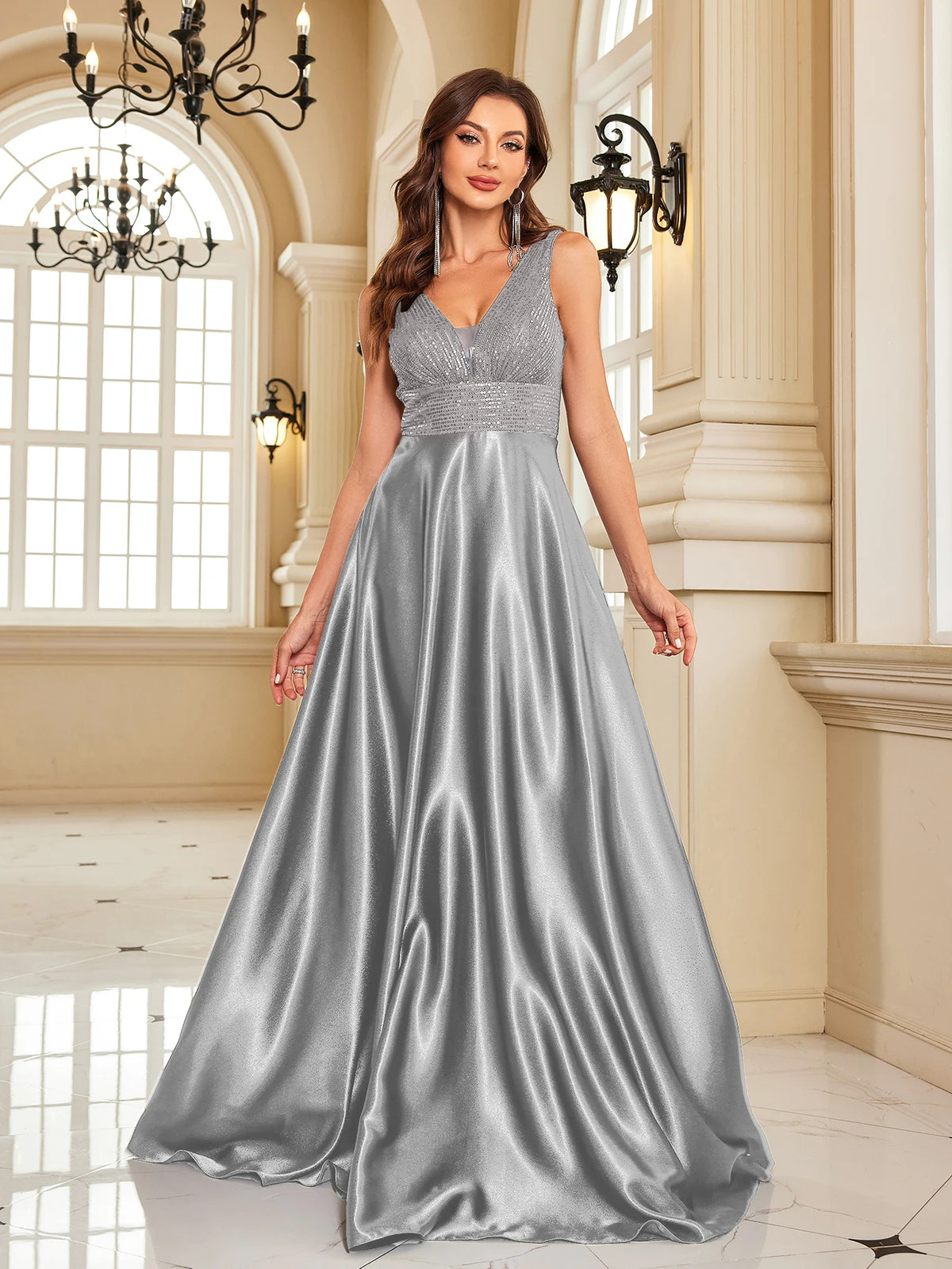 Oklahoma Elegant Sequins Evening Deep V-neck Satin Prom Party Dress