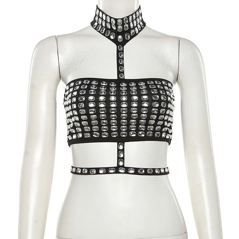 Gloversville Off-Shoulder Shiny Crop Casual Strapless Halter Streetwear Top