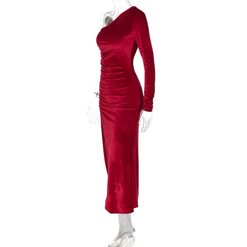 Westerleigh Elegant Long Sleeve Party Evening Velvet Bodycon Split Pencil Midi Dress