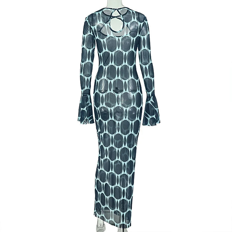 Warren Printed See Through Mesh Full Sleeve Hollow Out Slim Bodycon Long Dress