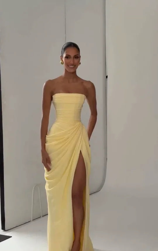 Tapansee Solid Sexy Pleated Strapless Off Shoulder Backless High Waist Split Maxi Dress