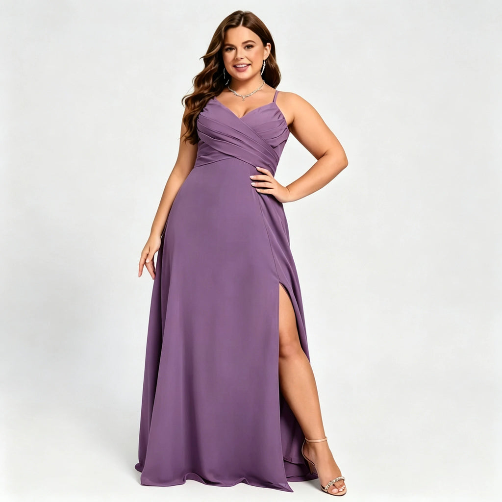Lawrence Plus Size Chiffon Bridesmaid Dress Dusty Rose Crisscross Back Slit Formal Gown