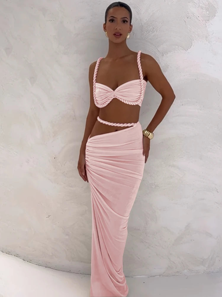 Flor Sexy Outfits Pleated High Waist Two Piece Sets