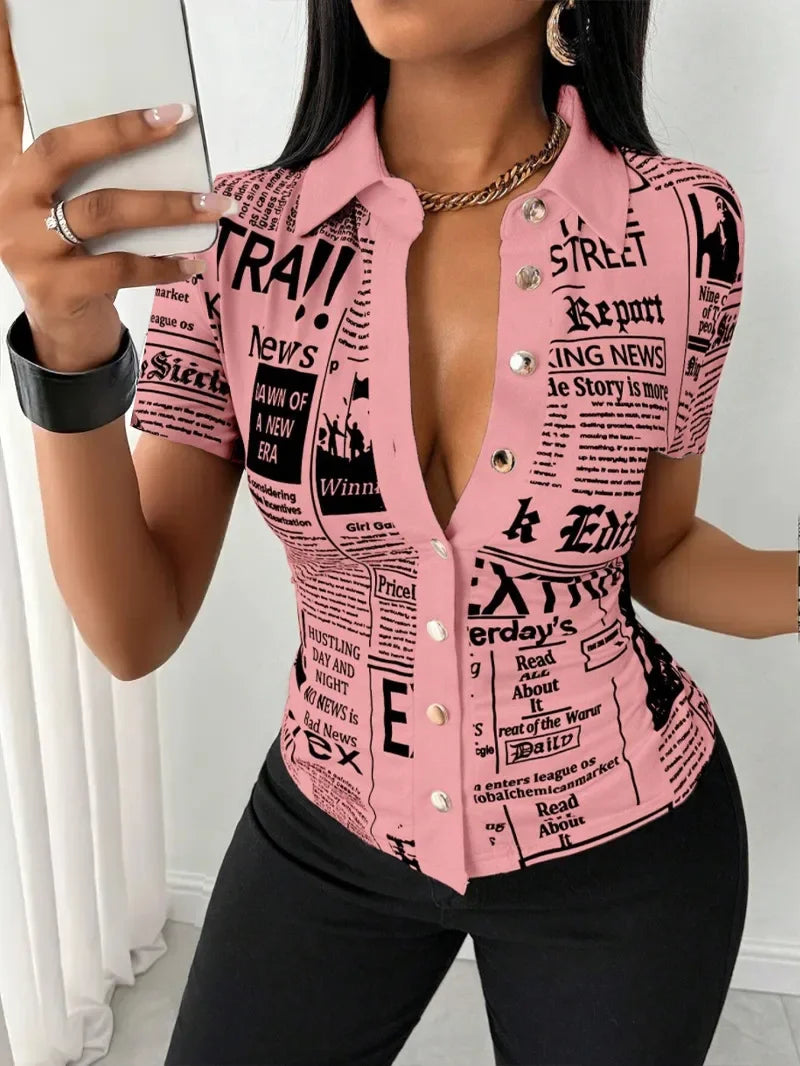 Pluto Elegant Fashion Newspaper Pattern Print Single Breasted Short Sleeve Tops