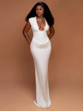 Elmora Sexy Ruched Bodycon Solid Sleeveless V-Neck Slim Long Maxi Dresses