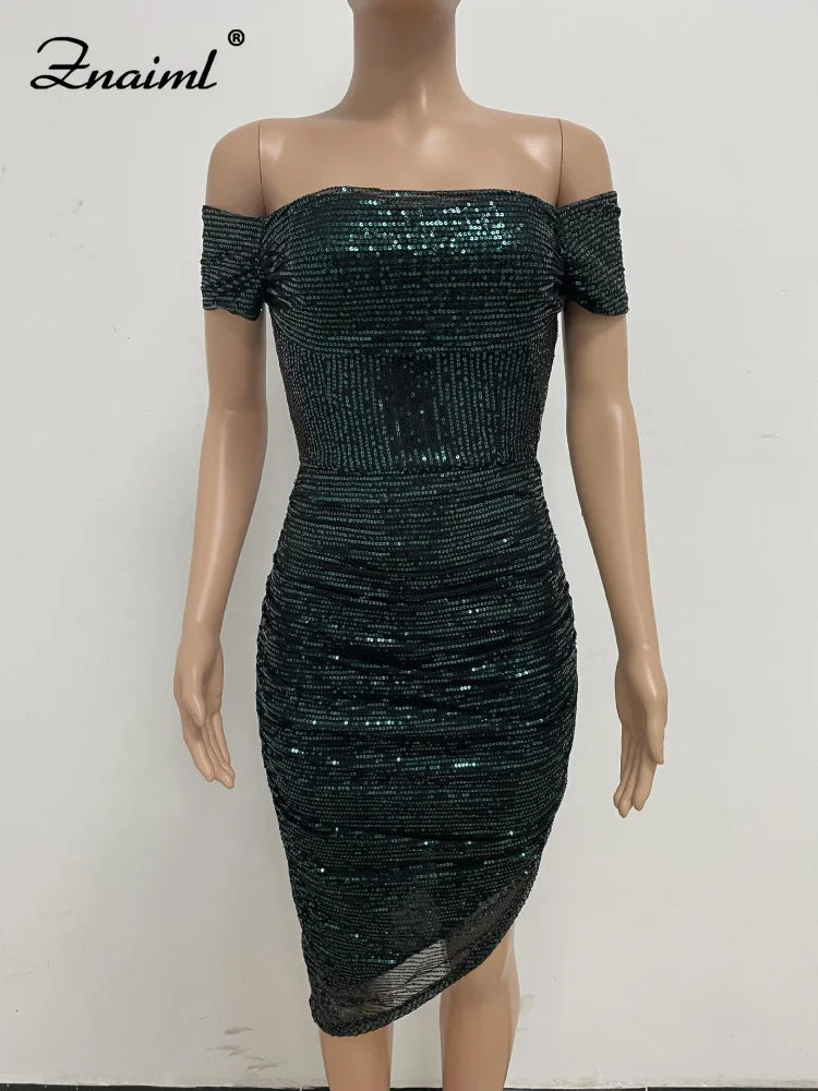 Virginia One Shoulder Bodycon Sparkly High Slit Midi Dresses