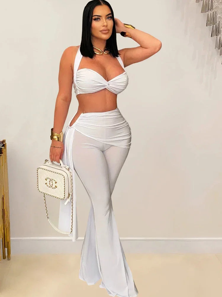 Oneonta Long Straps Wide Legs Ruched Metal Tracksuits Two Piece Set