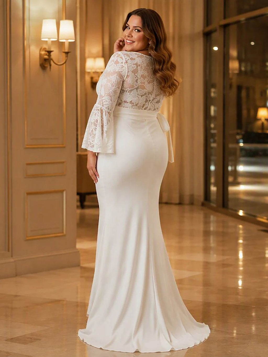 Plus Size Mermaid Sexy Mesh Sheer Embroidery V‑Neck Long Sleeve Slim Fit Maxi Dress