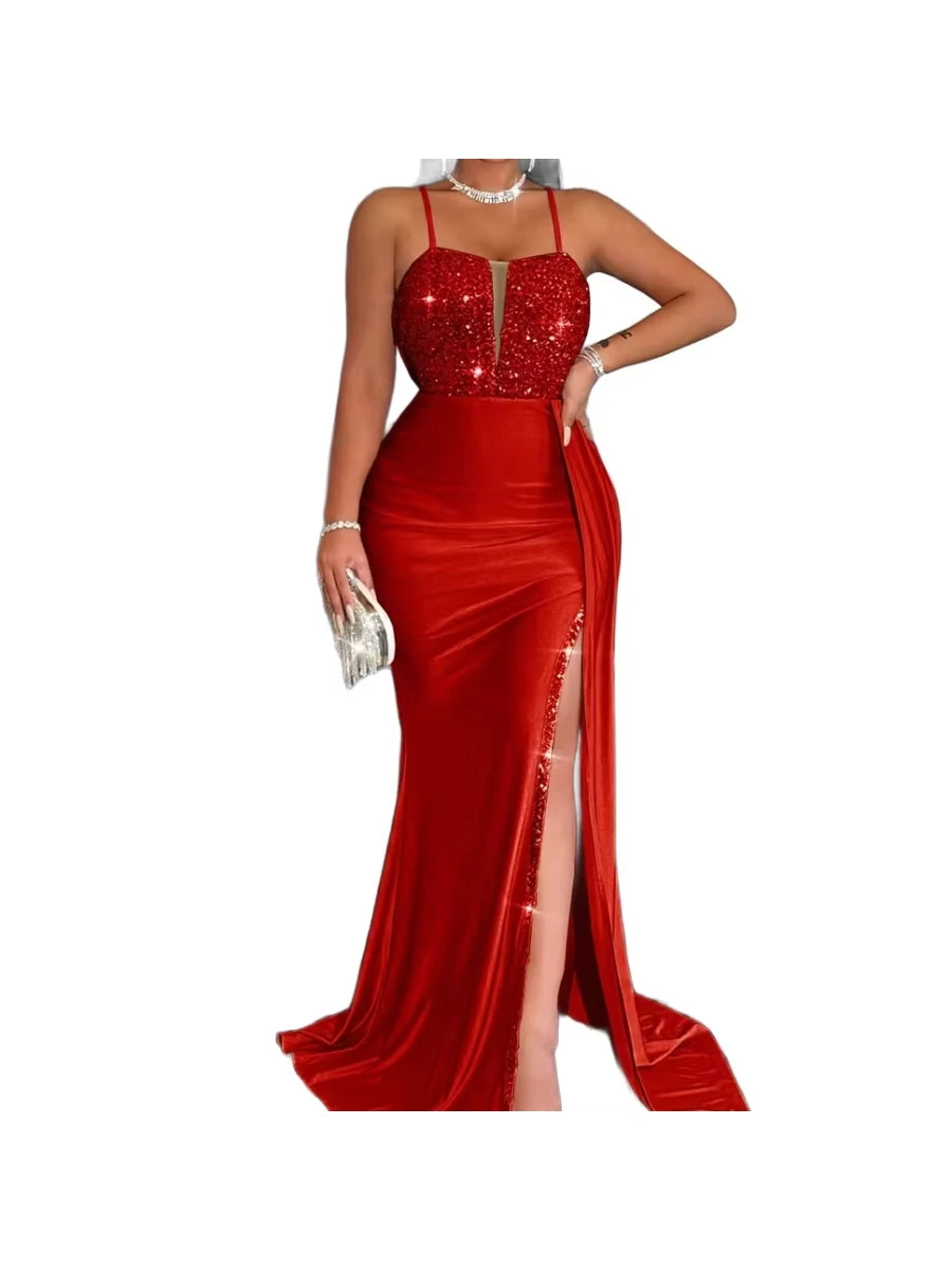 Spaghetti Strap Cutout Sequin Patch Mermaid Train Maxi Dress