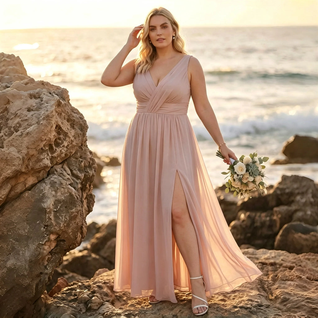 Newark Navy Blue Plus Size Chiffon Bridesmaid Sleeveless Deep V Neck Cross Ruched Dress