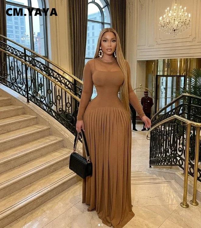 Tampa Bay O Neck Mesh Long Sleeve Pleated Maxi Long Dress