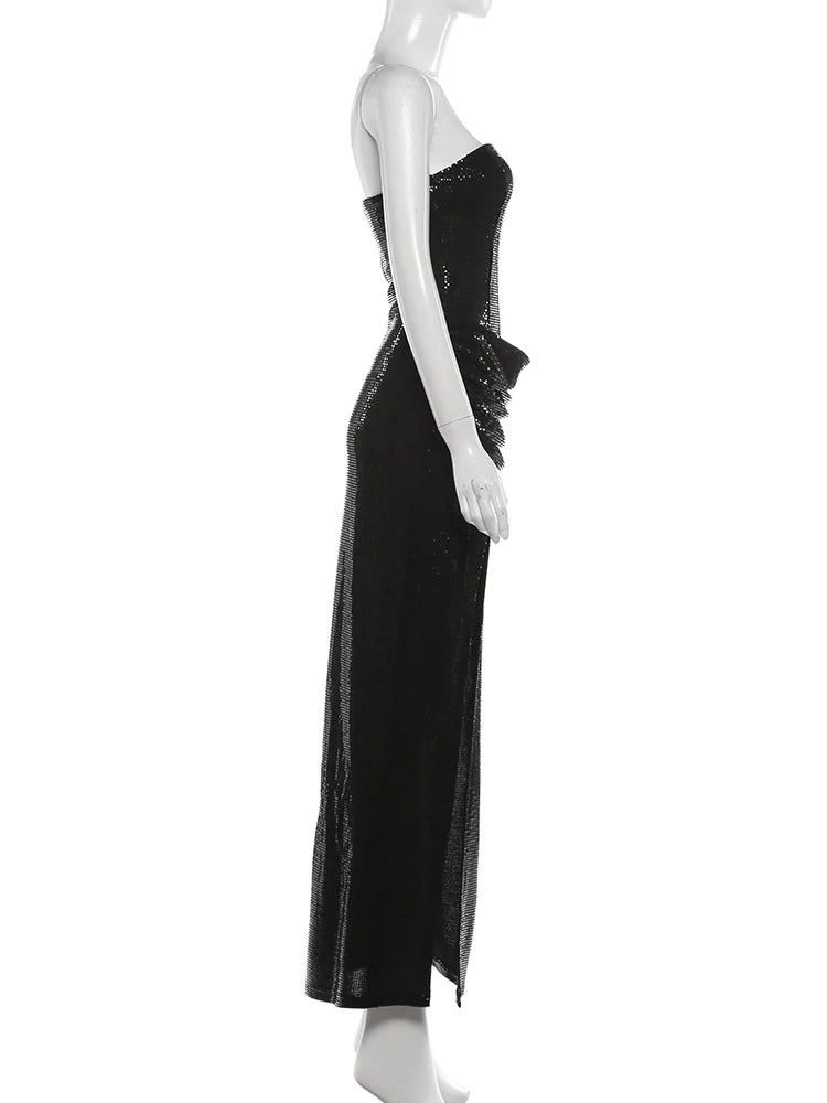 Irlanda Strapless Shiny Sequins Wrap Chest Backless Sleeveless Ruched High Splits Dress