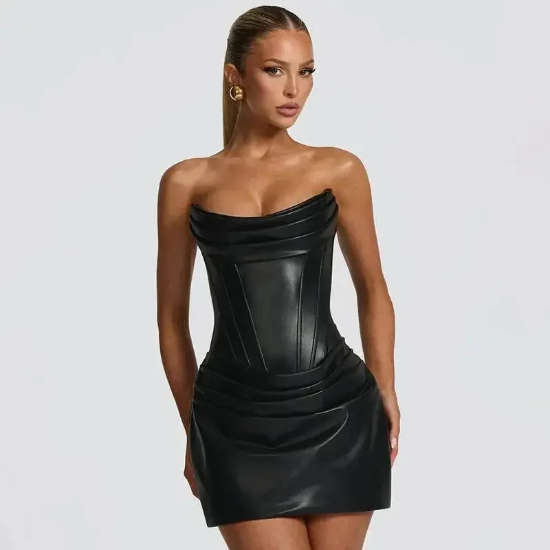Ronkonkoma PU Pleated Sleeveless Strapless Pleated Party Dress