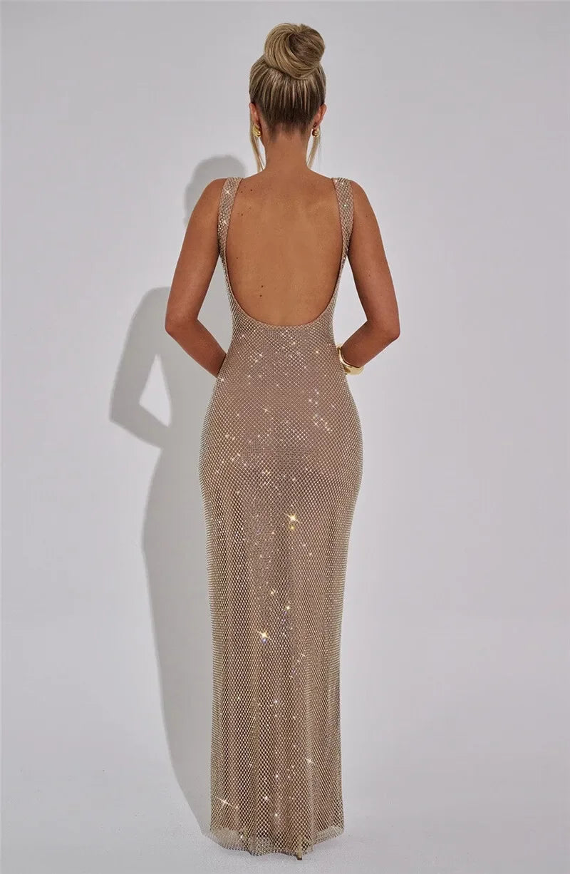 Bellport Sequins Backless Gown Sparkle Square Collar Sleeveless Bodycon Long Dress