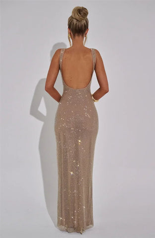 Bellport Sequins Backless Gown Sparkle Square Collar Sleeveless Bodycon Long Dress