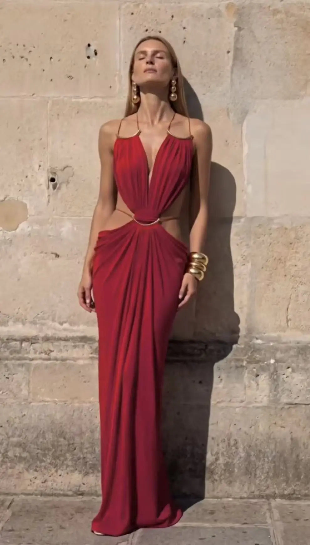 Solid Color Spaghetti Strap Sleeveless Sexy Deep V Cutout Waist Ruched Maxi Gown Dress