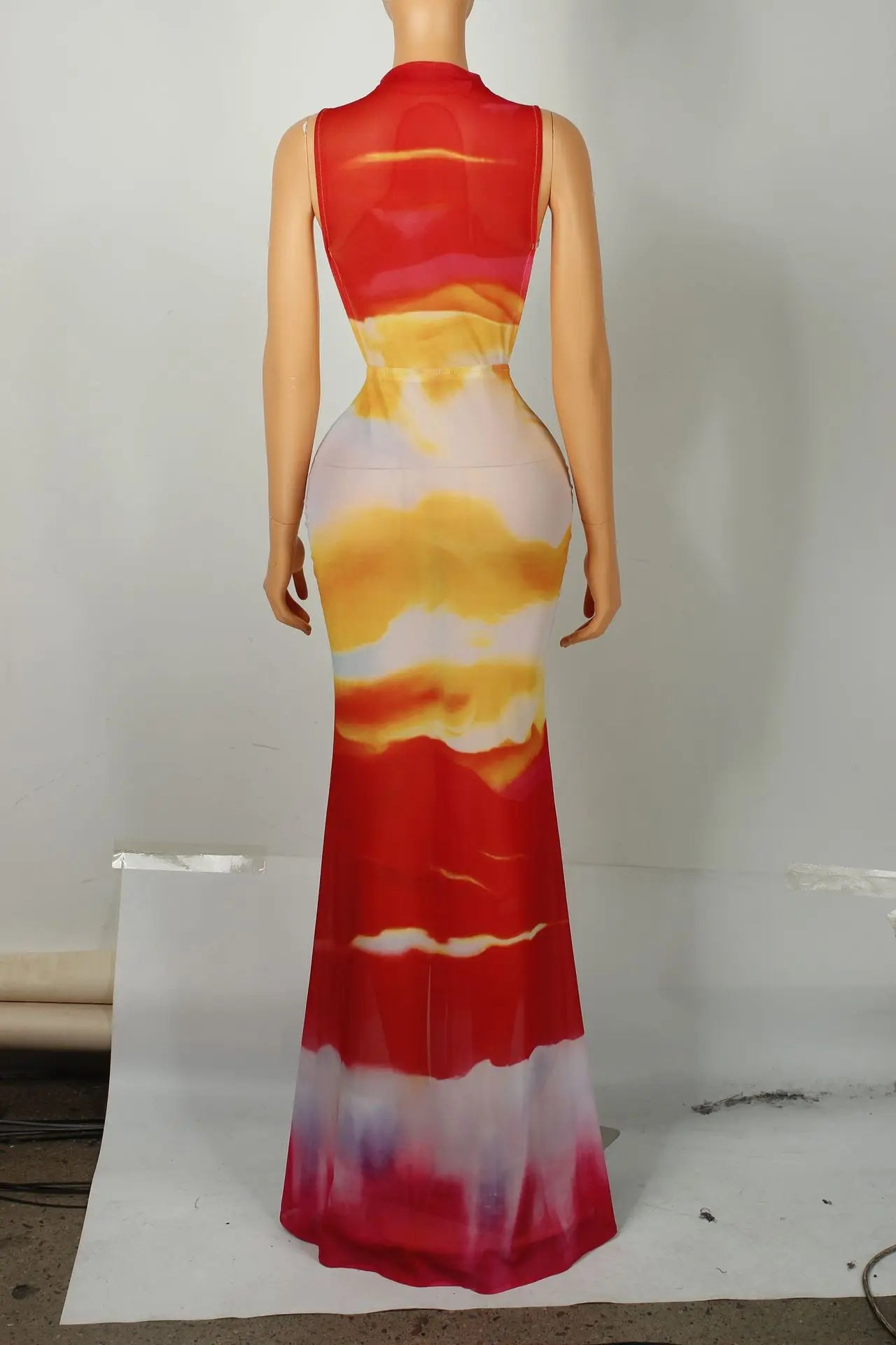O Neck High Split Stacked Print Bodycon Long Maxi Dress